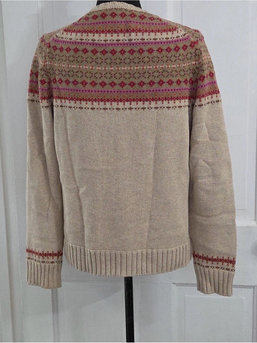 Lands' End Beige Cardigan with Pink and Red Fair Isle Yoke - Picture 4 of 5